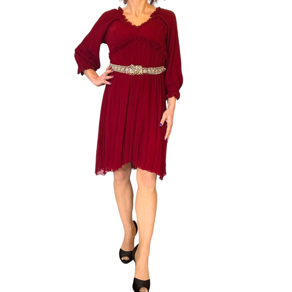 Roberto Cavalli Red ‎ Silk Chiffon Cocktail Dress Half Sleeve Jeweled Waist 44 M